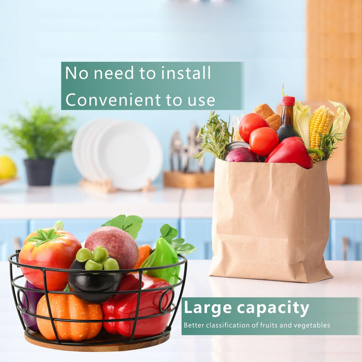 Fruit Basket Bowl with Banana Hanger for Countertop Kitchen Fruit Storage