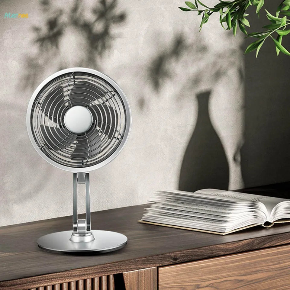 USB Rechargeable Aluminum Mini Fan with 360° Rotation, Foldable Stand and 3 Speed Control for Desktop and Travel