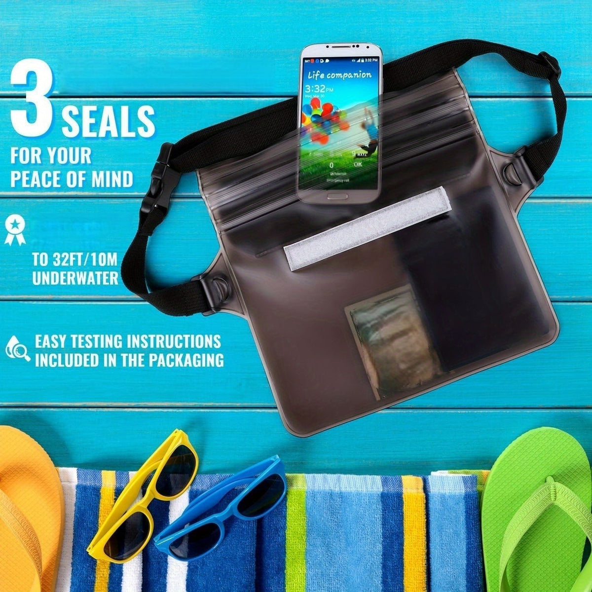 Waterproof Waist Bag with Three Layer Sealed Design for Swimming Beach and Travel Use