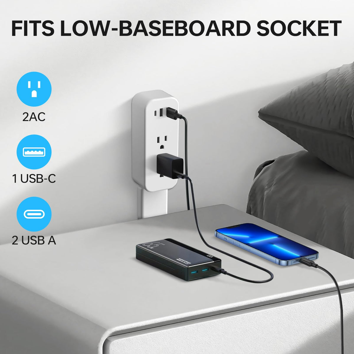 Rotating Wall Outlet Extender Adjustable Length Power Socket with 180 Degree Swivel Design for Bedside and Home Use