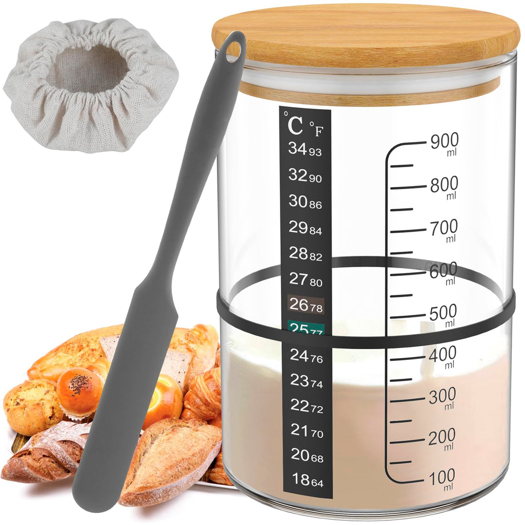 Sourdough Starter Jar 900ml Clear Glass Container with Lid for Fermentation and Bread Baking Use