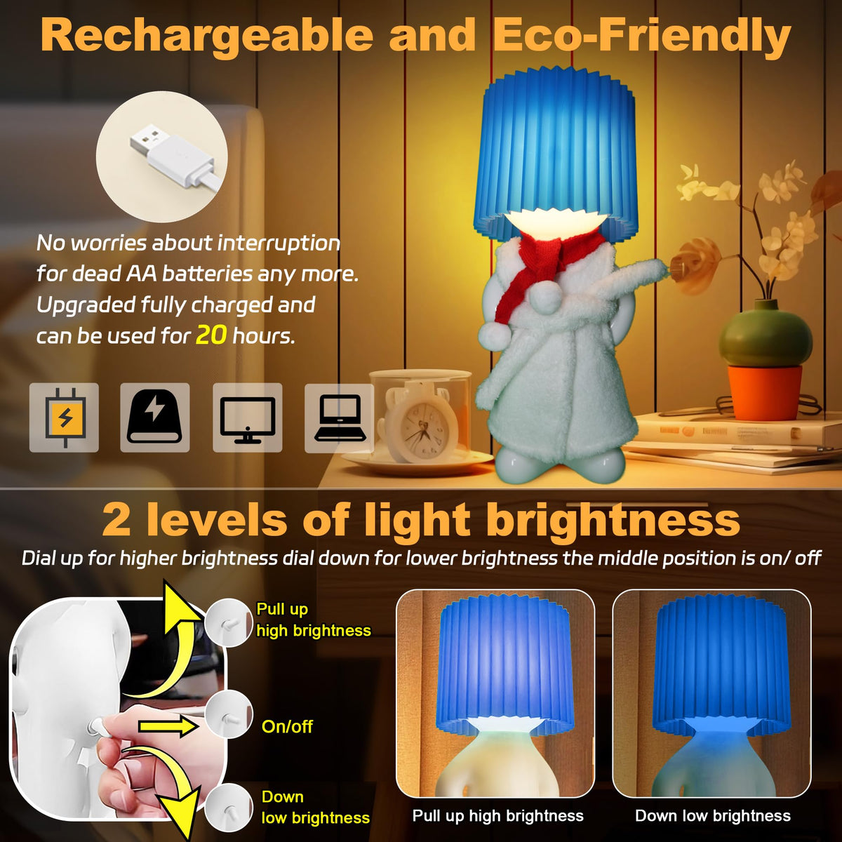 USB Rechargeable Cartoon LED Night Light with Dual Brightness for Bedroom, Bedside, and Home Decor