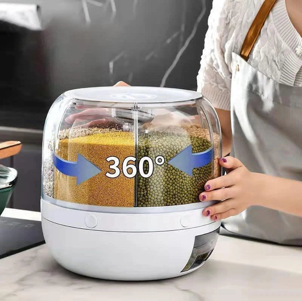 Rotating Food Dispenser with 6-Grid Airtight Design for Grains Cereal Rice and Dry Goods