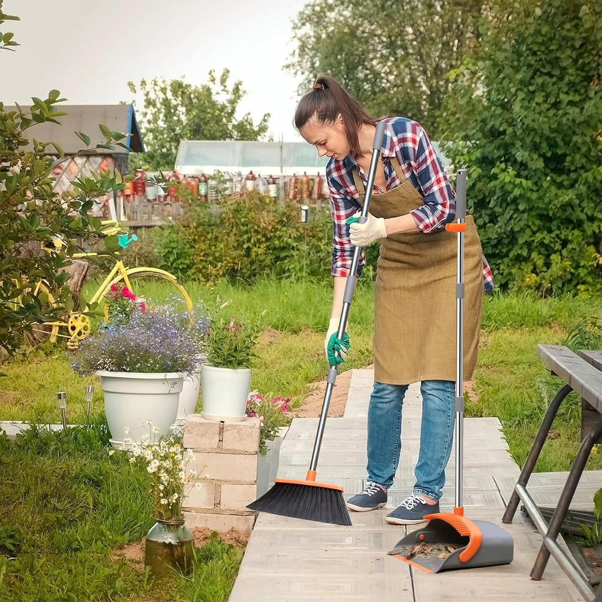 Broom and Dustpan Set with Self-Cleaning Teeth and Adjustable Handles for Indoor and Outdoor Sweeping
