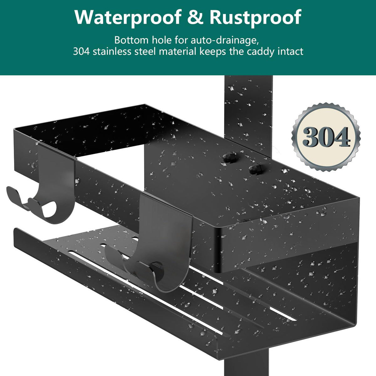 No Drill Stainless Steel Bathroom Shelf with Hooks for Shower Storage and Bathroom Organization