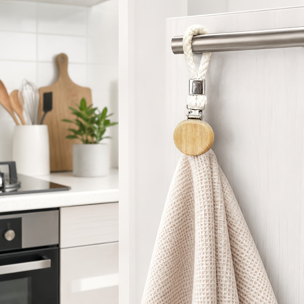 2 Pcs Multifunctional Towel Hanger Clips with Cotton Loops and Stainless Steel Hooks for Kitchen, Bathroom and Home Organization
