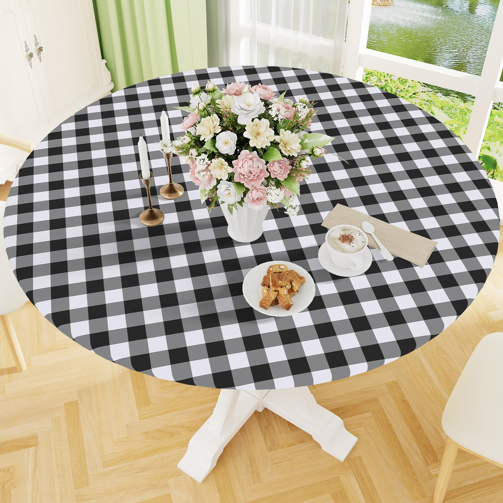 Elastic Fitted Round Vinyl Tablecloth Waterproof Table Cover for Dining Table Party Camping Use