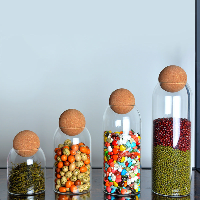 Round Cork Glass Jar with Sealed Display Design for Tea Coffee Beans Dried Flowers and Pantry Storage