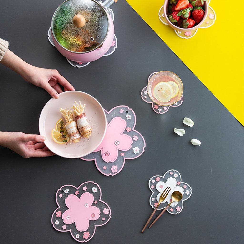 Cherry Blossom Silicone Coaster Mat Heat Insulation Non Slip Cup Pad for Dining Table Drink Protection