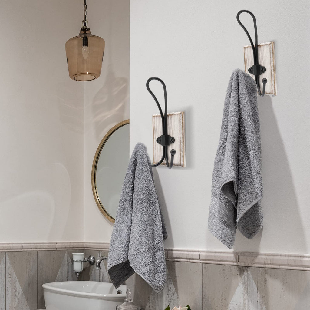 2 Pcs Wooden Pine Hook Rack with Self Adhesive Metal Hooks for Bathroom and Entryway Storage