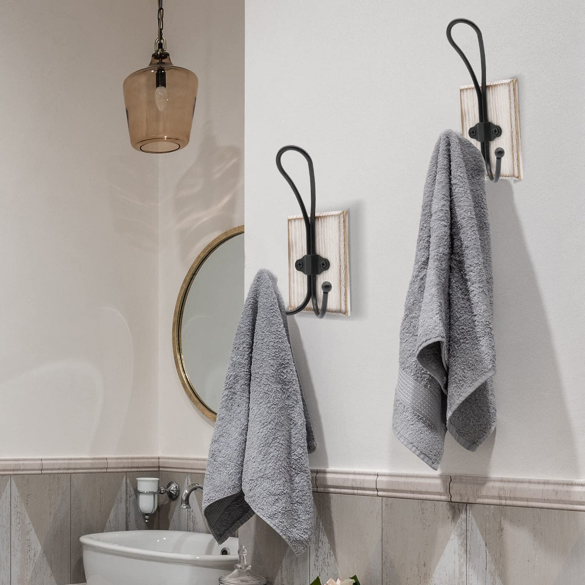 2 Pcs Wooden Pine Hook Rack with Self Adhesive Metal Hooks for Bathroom and Entryway Storage