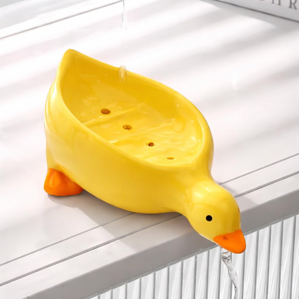 White Duck-Shaped Draining Soap Holder Made of Plastic, Non-Slip Design for Kitchen and Bathroom Countertops