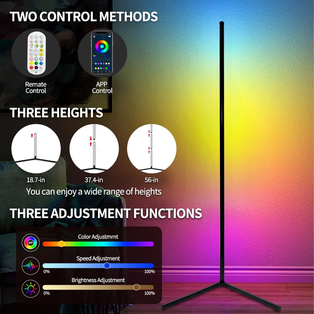 RGB LED Corner Floor Lamp with App Control Music Sync and Color Changing Light for Bedroom Living Room and Gaming Spaces (10W)