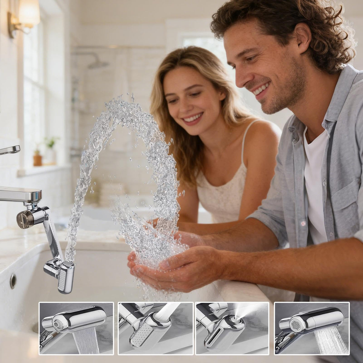 Brass Faucet Extender with 1440 Degree Rotation and 4 Spray Modes for Kitchen Sink Cleaning and Rinsing Use (2 Filter Cartridges Included)