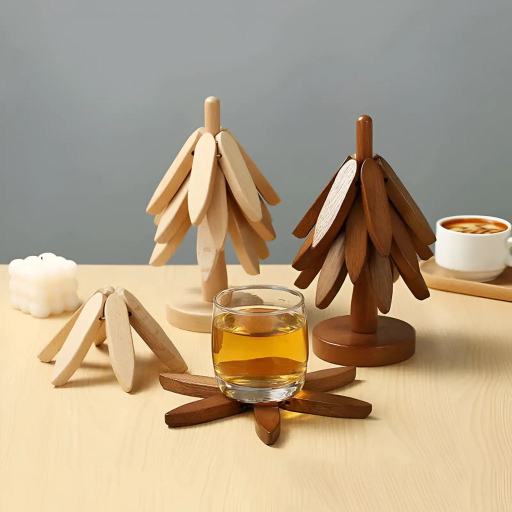 4 Piece Wooden Tree Trivet Set Heat Resistant Table Mat Coasters for Pots and Pans