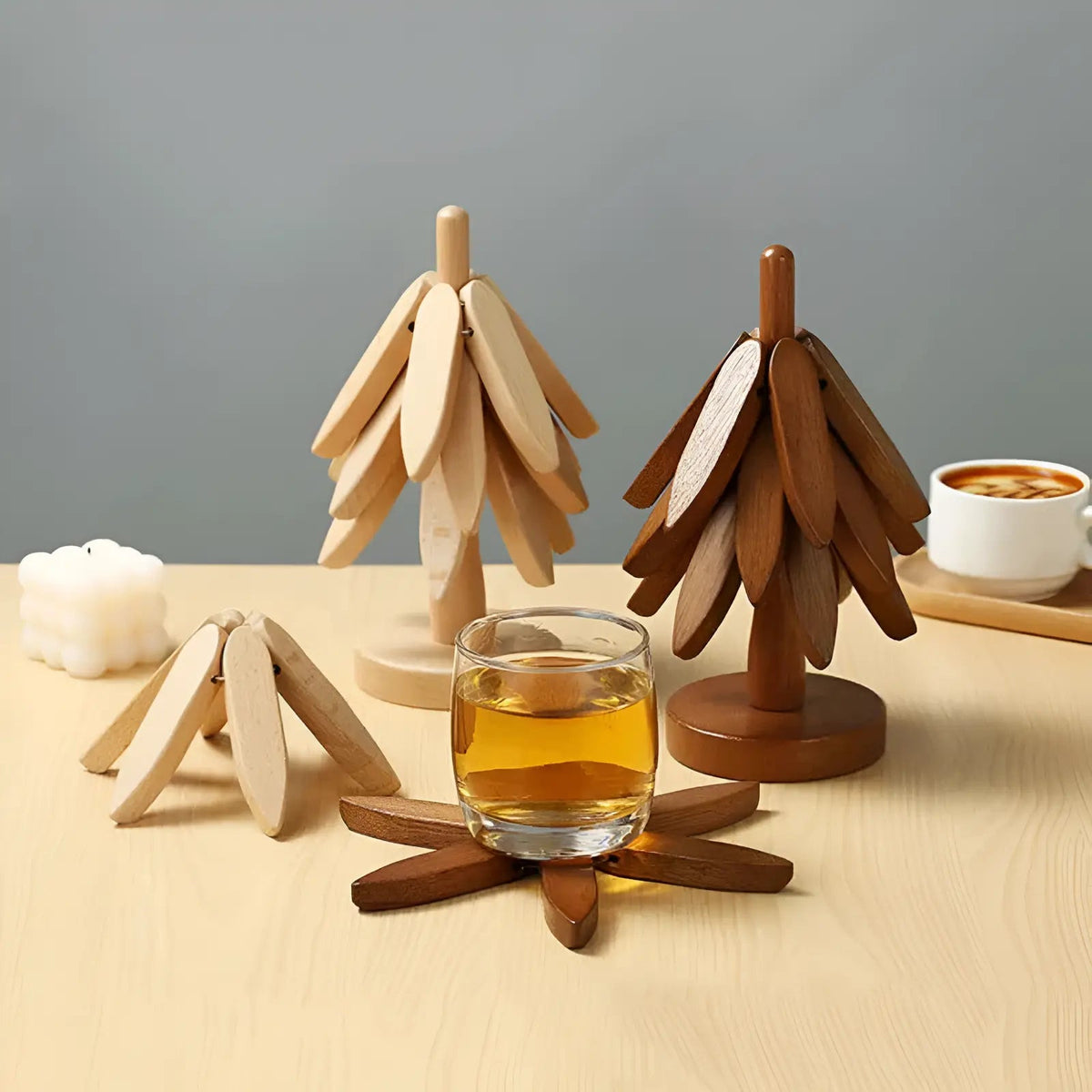 4 Piece Wooden Tree Trivet Set Heat Resistant Table Mat Coasters for Pots and Pans