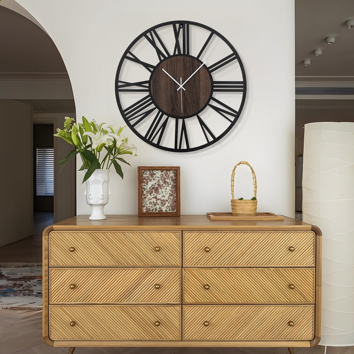 3D Roman Numeral Wall Clock with Silent Round Wood Metal Design for Living Room Decor