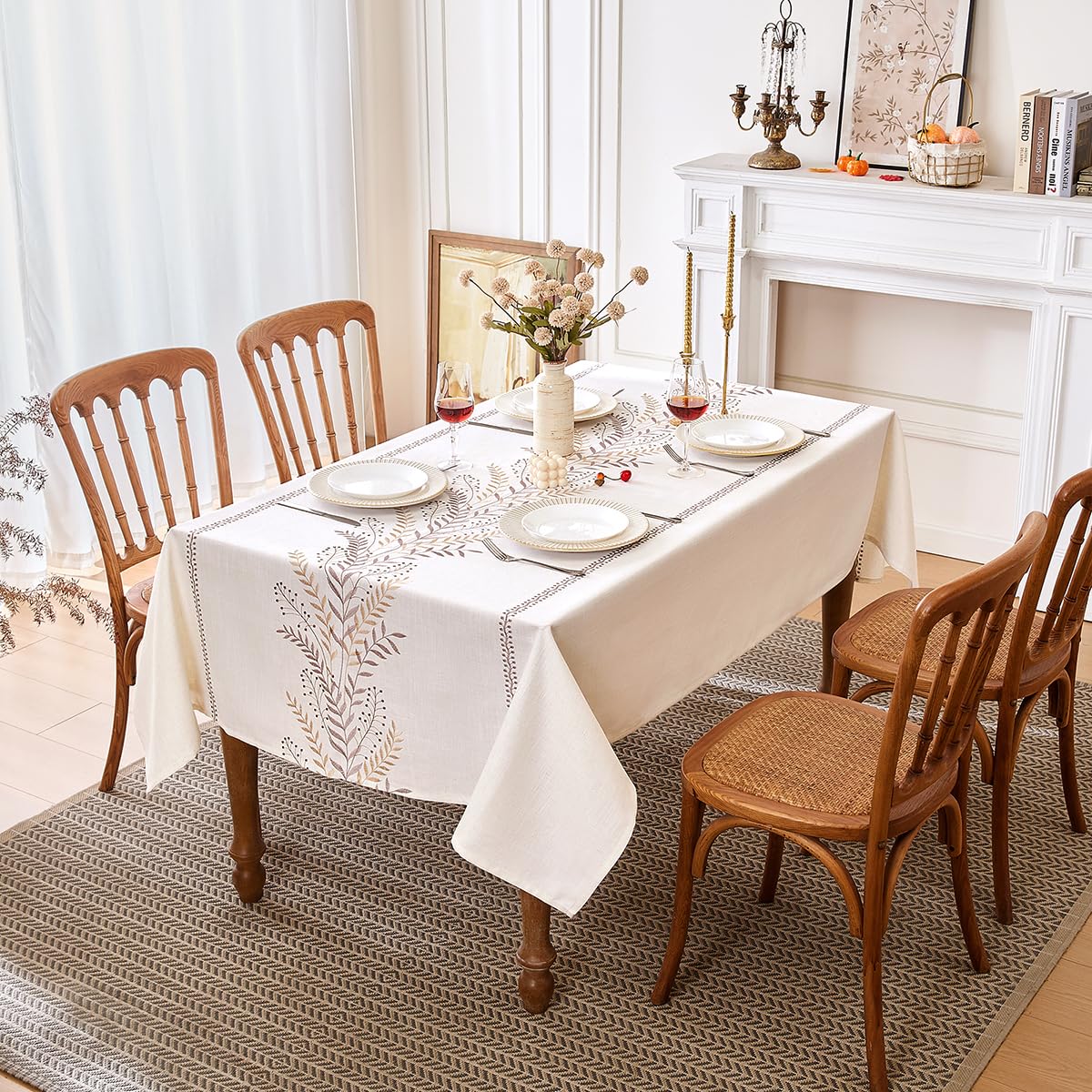 Linen Style Embroidered Tablecloth Waterproof Wrinkle Resistant Rectangle Cover for Dining Room and Outdoor Use