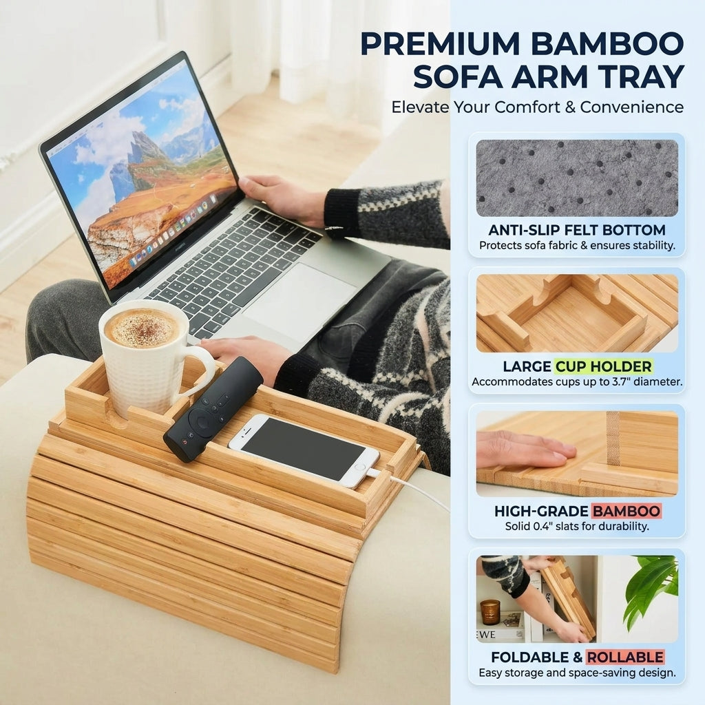 Foldable Bamboo Sofa Armrest Tray with Cup Holder and Anti Slip Couch Side Storage