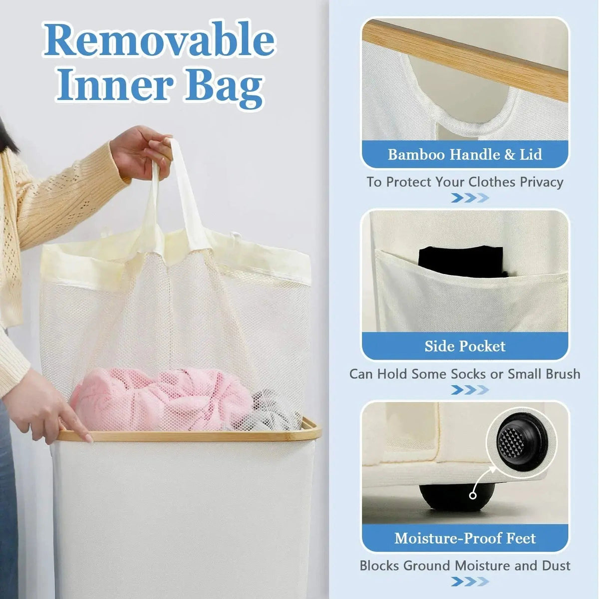 Laundry Basket with Lid and Removable Inner Bag with Bamboo Handles for Bedroom and Bathroom Use