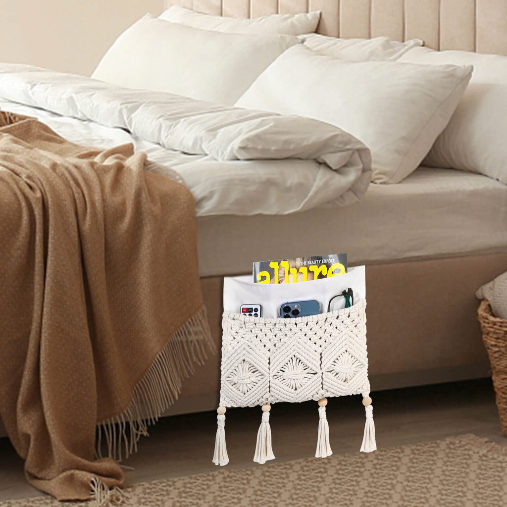 Boho Armrest Organizer with Handmade Hanging Pocket Design for Sofas Beds Remotes and Magazines