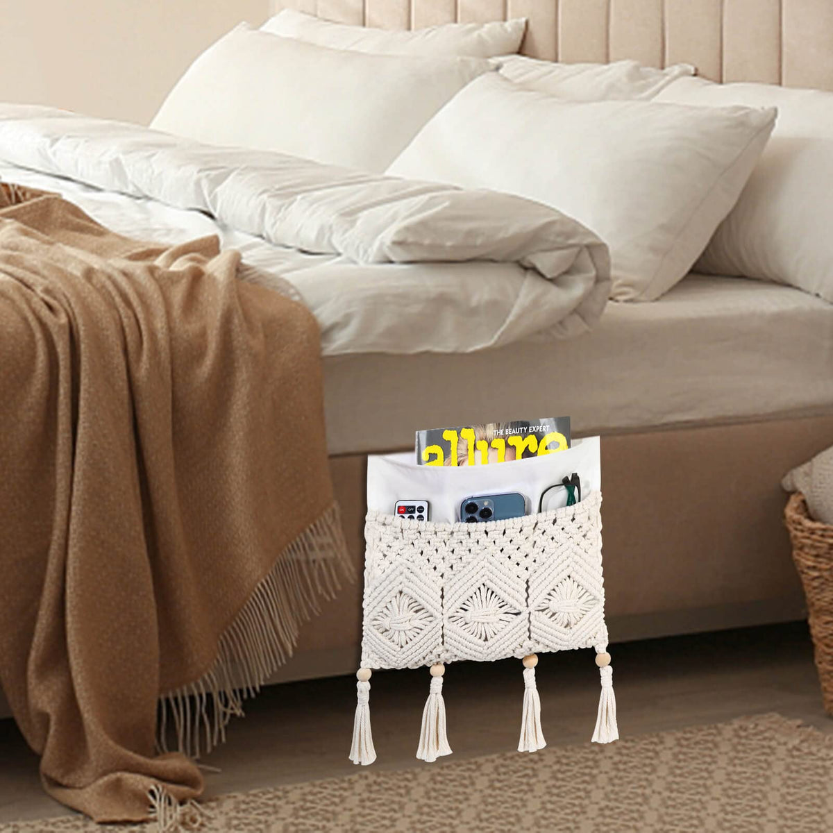 Boho Armrest Organizer with Handmade Hanging Pocket Design for Sofas Beds Remotes and Magazines