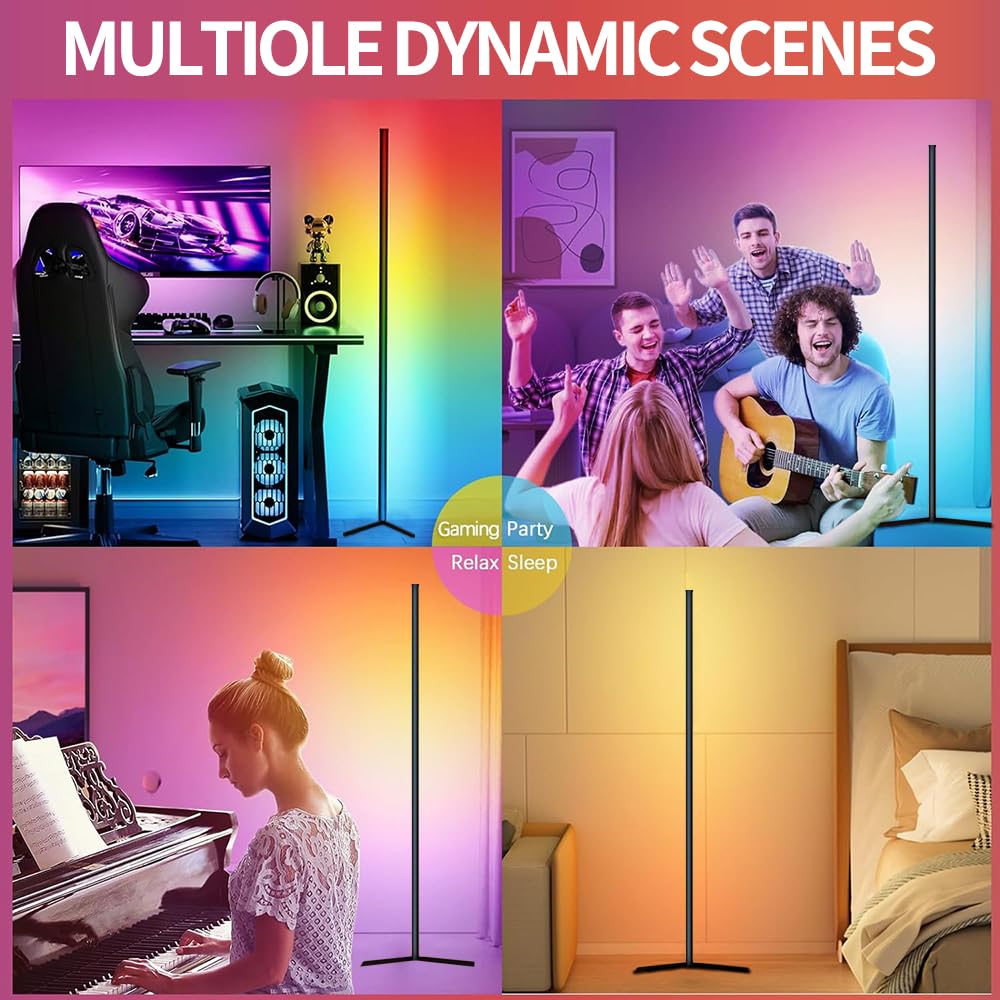 RGB LED Corner Floor Lamp with App Control Music Sync and Color Changing Light for Bedroom Living Room and Gaming Spaces (10W)