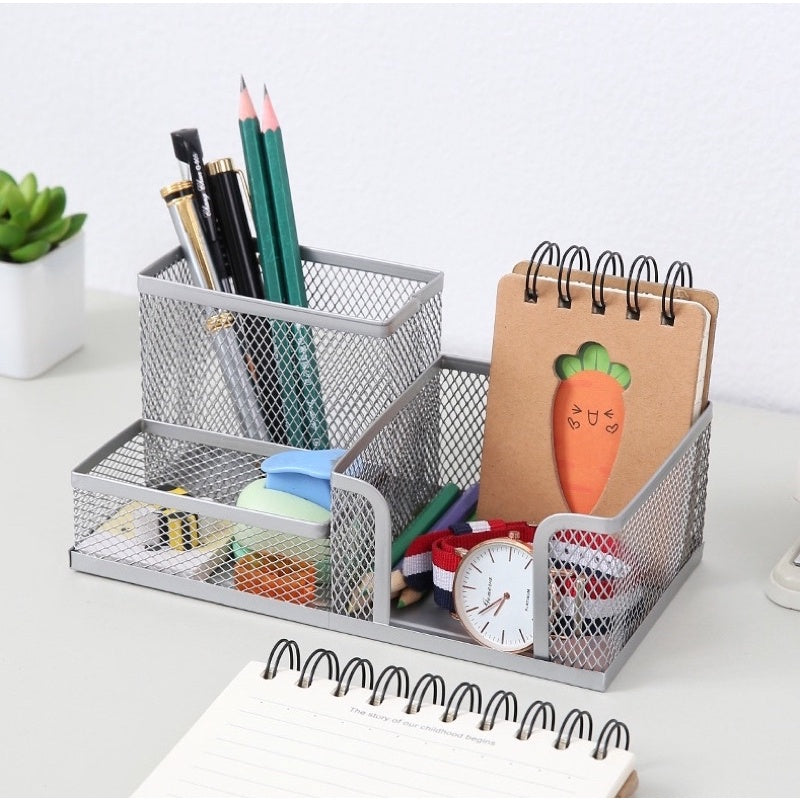 Mesh Desk Organizer with Metal Pencil Holder and 3 Compartments for Office Supplies and Desktop Accessories