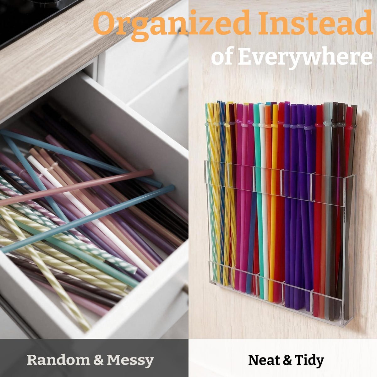 Acrylic Straw Holder with Adhesive Mount Design for Kitchen Countertop and Cabinet Storage
