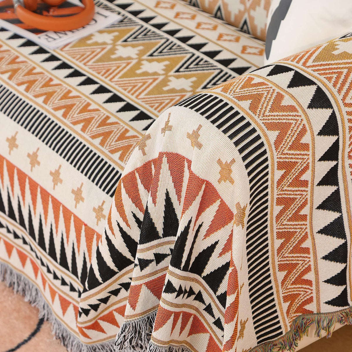 Boho Decorative Throw with Geometric Woven Design for Sofa and Home Decor