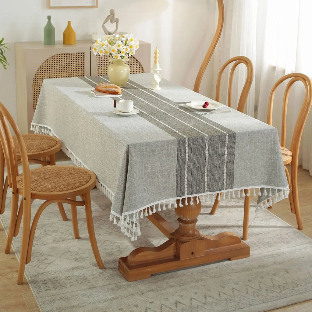 Linen Table Cloth Farmhouse Cotton Blend with Water Resistant Coating and Tassel Edges for Dining Table