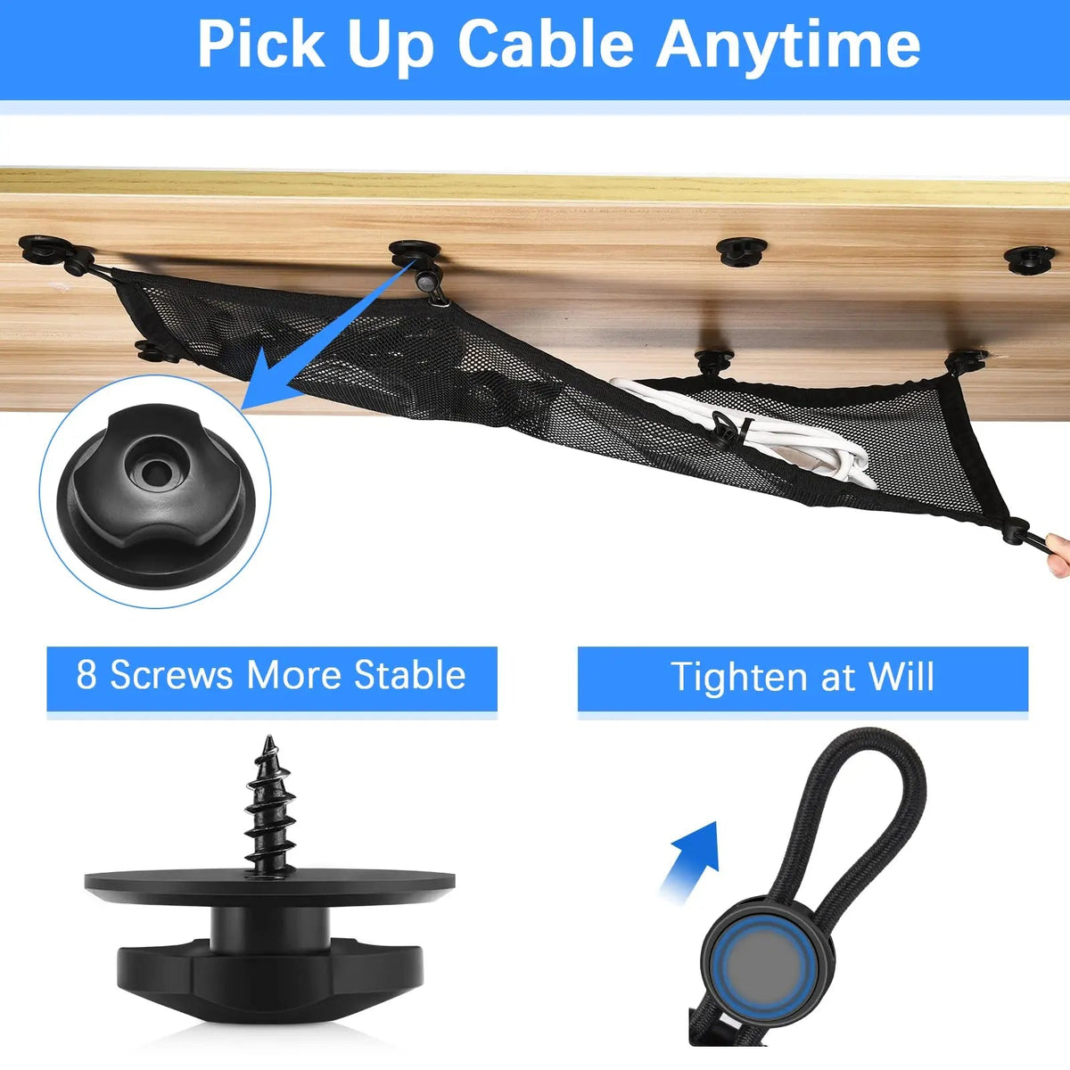 Desk Cable Net Under Desk Kit with Adjustable Mesh Storage for Office and Home Desk Organization