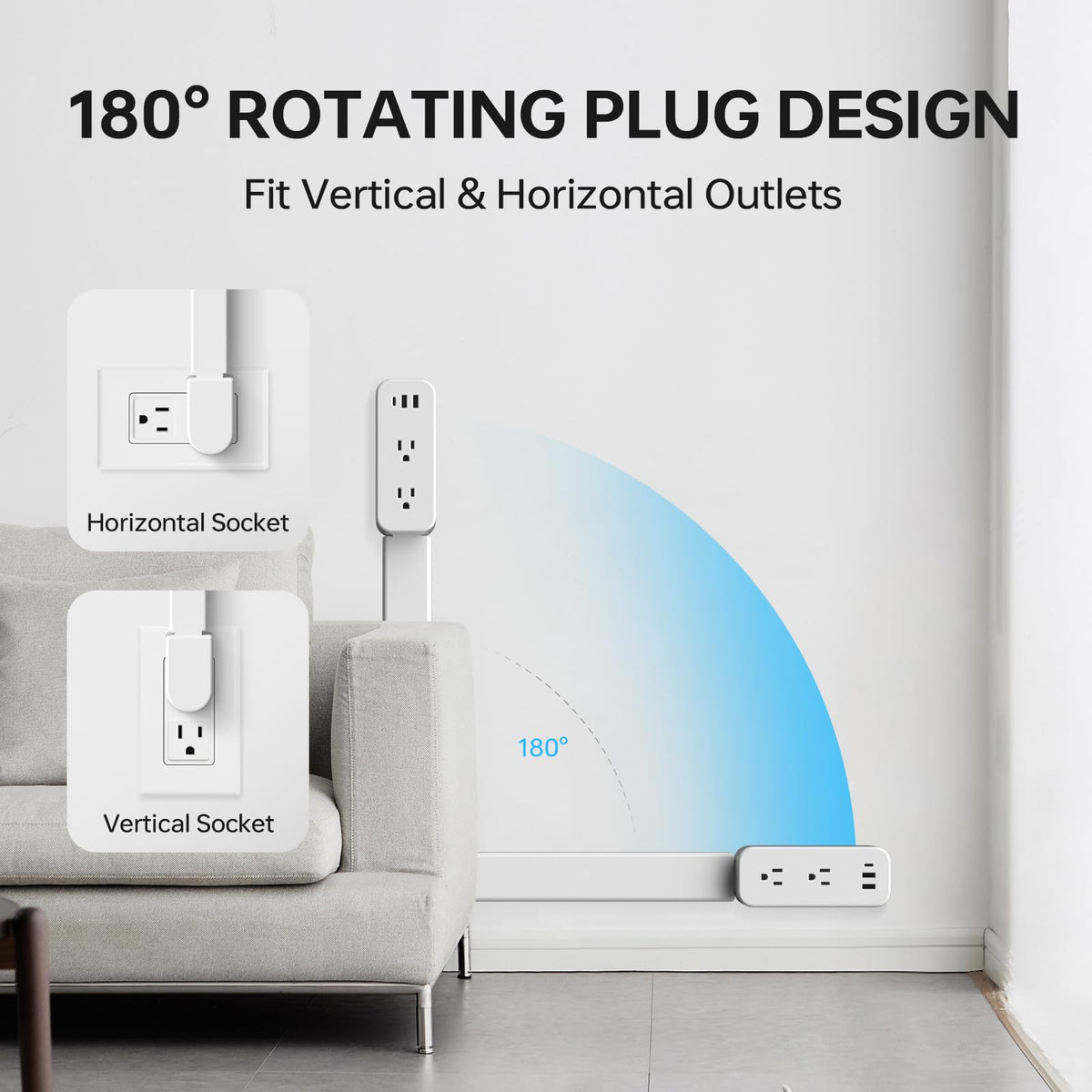 Rotating Wall Outlet Extender Adjustable Length Power Socket with 180 Degree Swivel Design for Bedside and Home Use