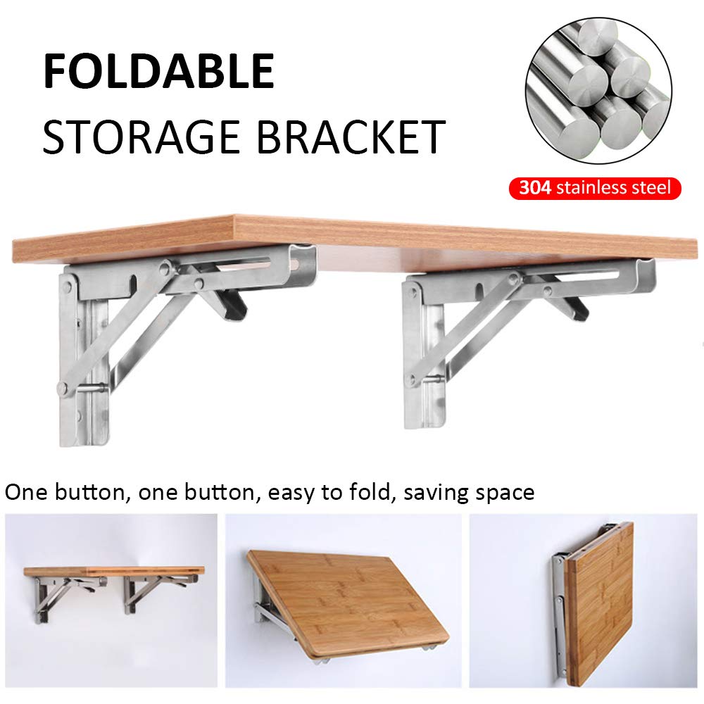 Folding Shelf Brackets Stainless Steel Wall Mounted Collapsible Support for Table Workbench and Shelf Storage