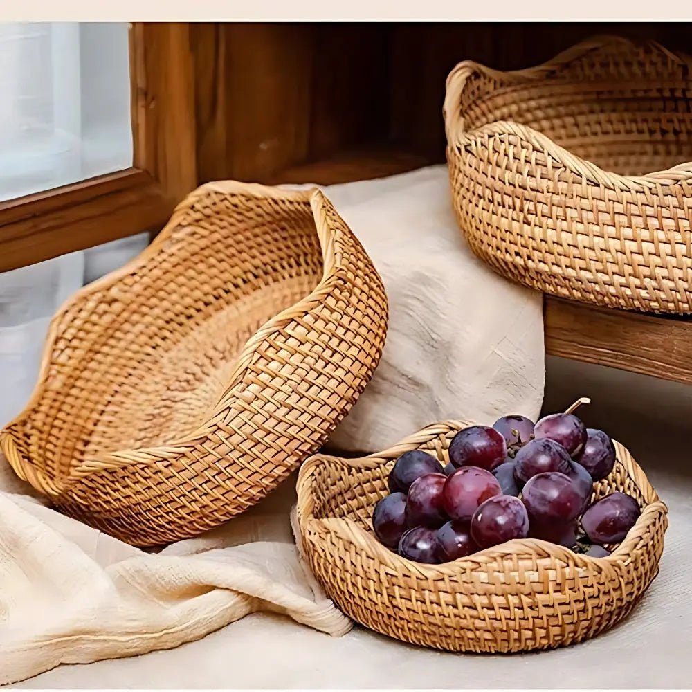 Handwoven Rattan Storage Basket Set of 3 Round Wicker Serving Trays for Kitchen and Countertop