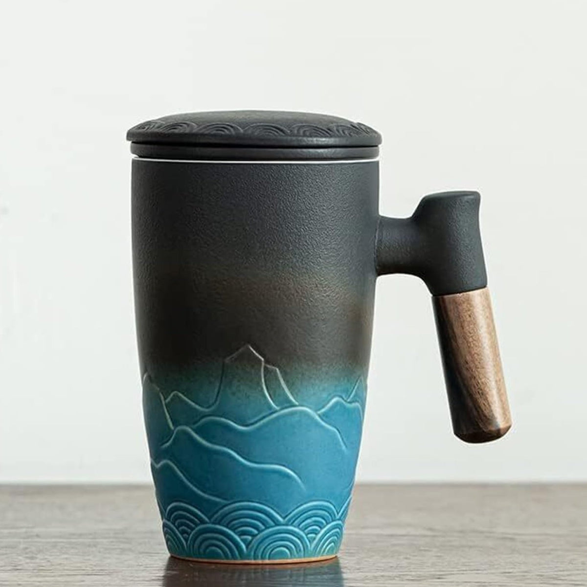 Ceramic Mug with Cover and Wooden Handle for Tea, Coffee, or Hot Beverages in Home and Office Use