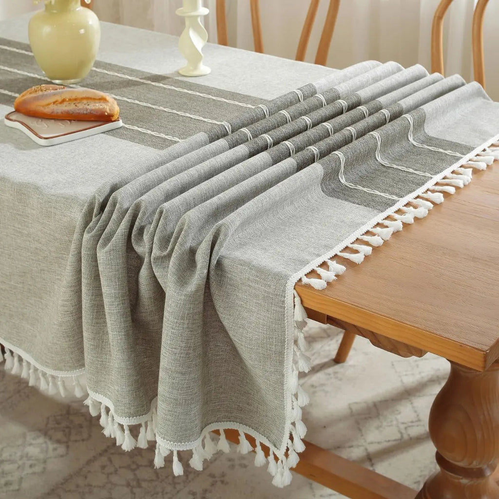 Linen Table Cloth Farmhouse Cotton Blend with Water Resistant Coating and Tassel Edges for Dining Table