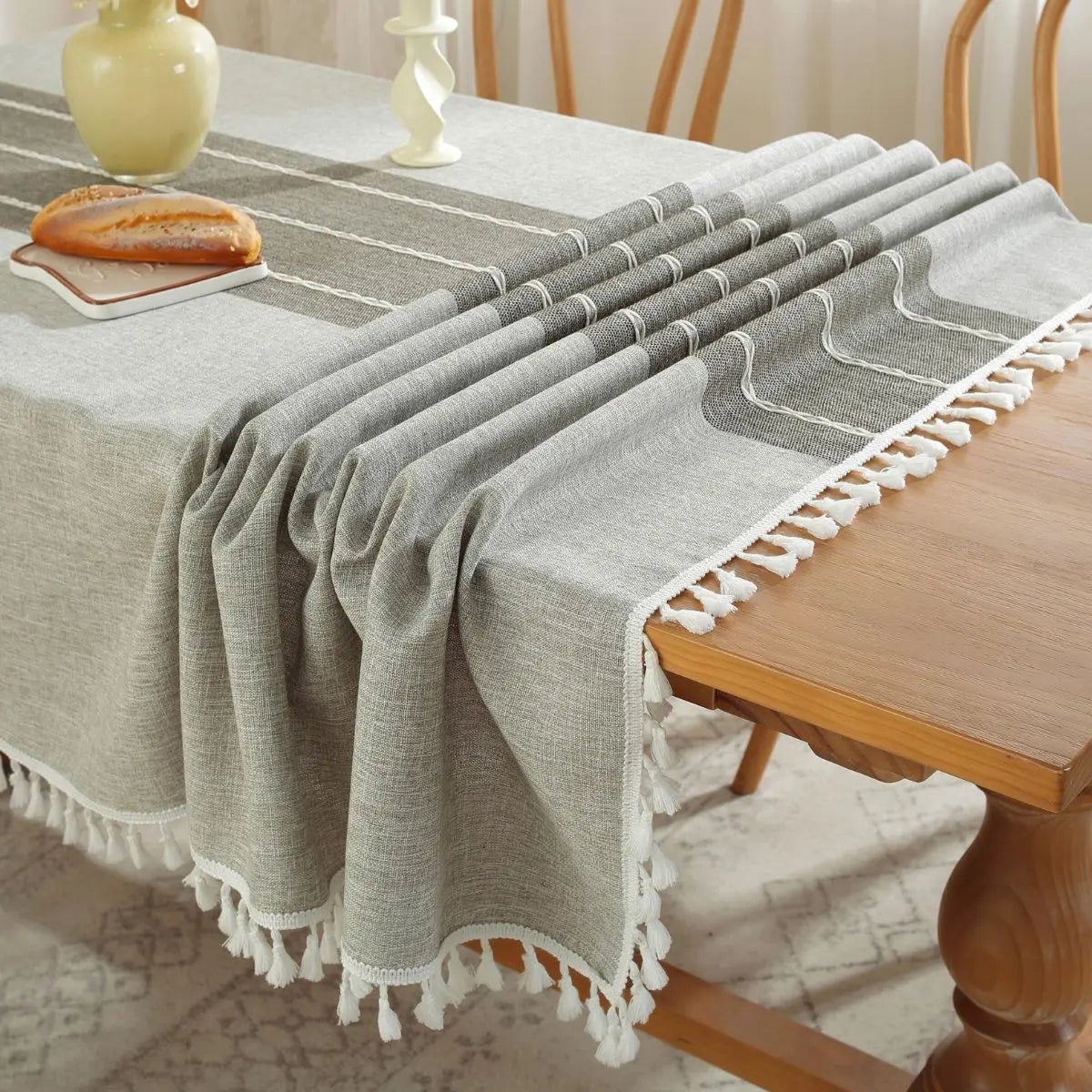 Linen Table Cloth Farmhouse Cotton Blend with Water Resistant Coating and Tassel Edges for Dining Table