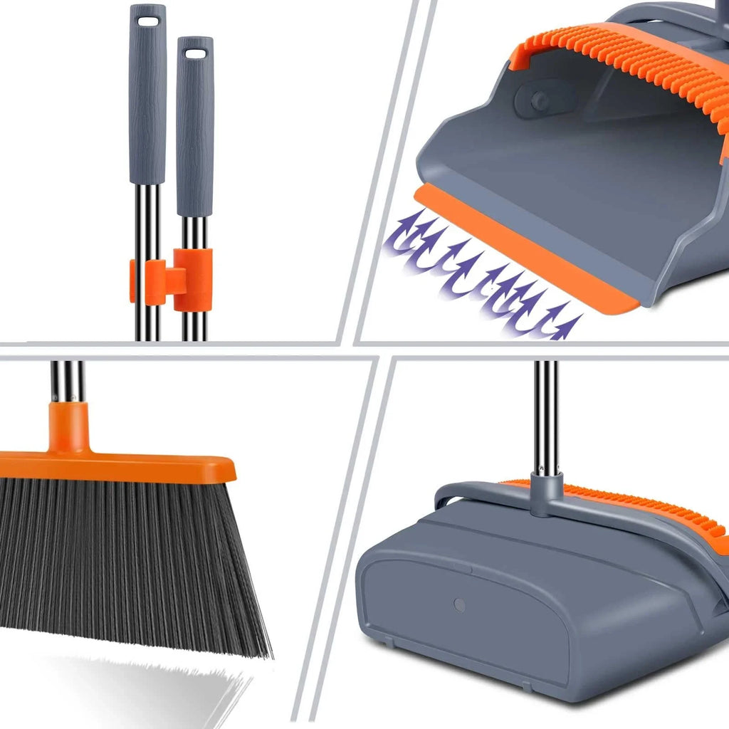 Broom and Dustpan Set with Self-Cleaning Teeth and Adjustable Handles for Indoor and Outdoor Sweeping