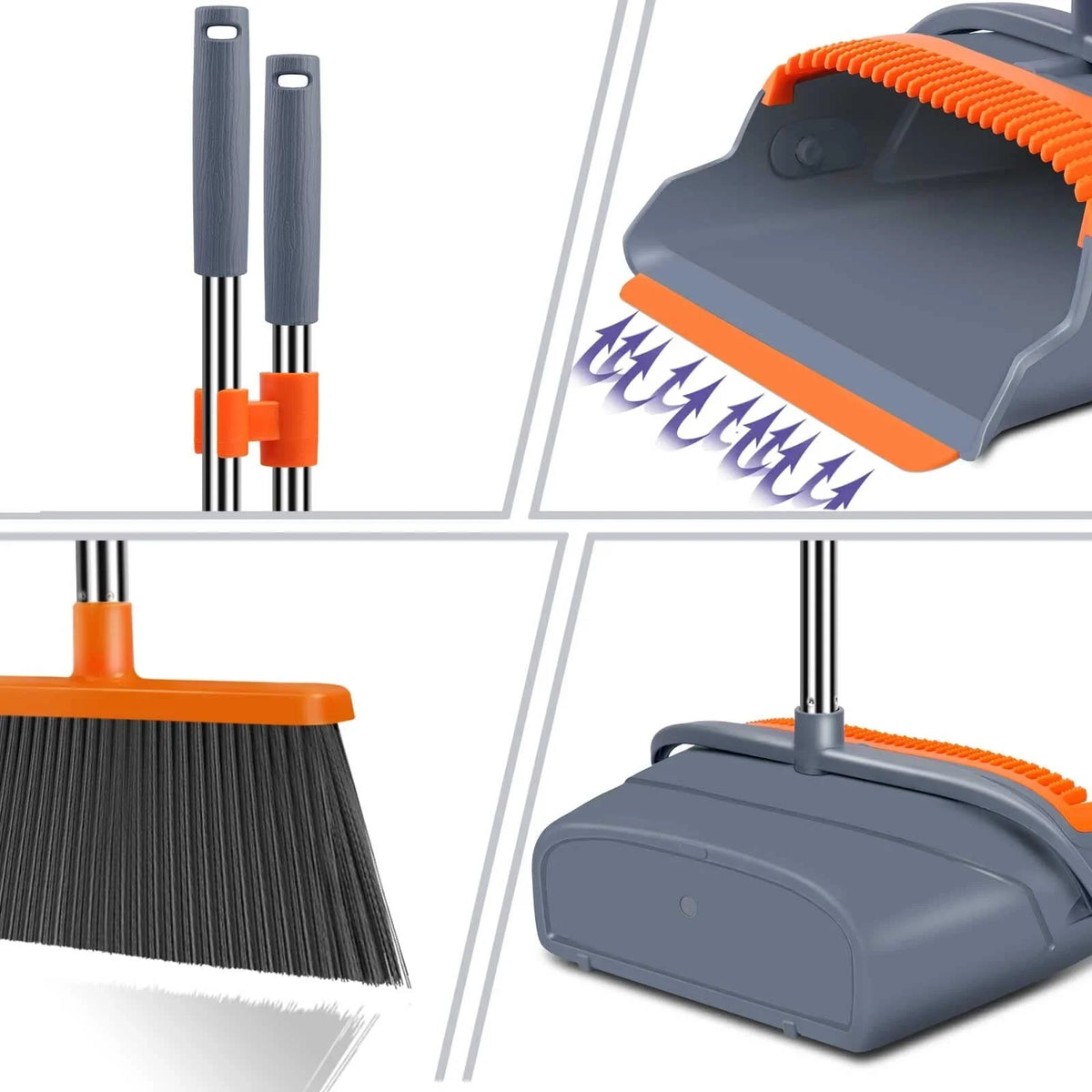Broom and Dustpan Set with Self-Cleaning Teeth and Adjustable Handles for Indoor and Outdoor Sweeping