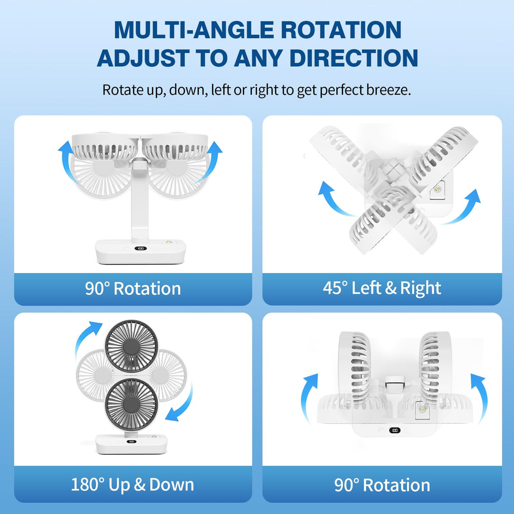 Double Head Rechargeable Table Fan with 4 Speed Settings, 8000mAh Battery and Digital Display for Home and Office