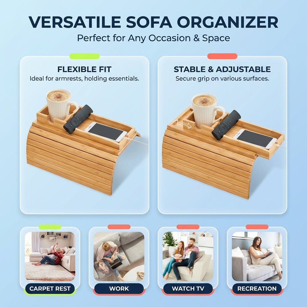 Foldable Bamboo Sofa Armrest Tray with Cup Holder and Anti Slip Couch Side Storage