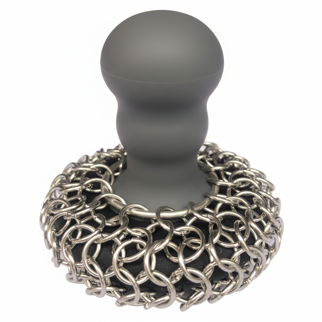 Cast Iron Cleaner Scrubber with Chain Mail Sponge, Silicone Handle, and Pan Scraper for Skillet Grill and Dutch Oven