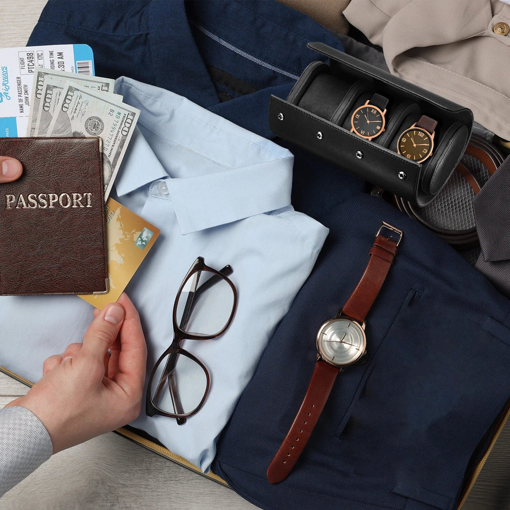 Luxury Genuine Leather Watch Roll with 3 Slots for Travel, Home Storage, and Organizer Pouch for Timepieces