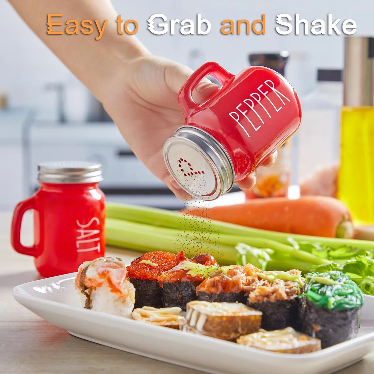 Handled Glass Shaker Set with Stainless Steel Lids for Salt Pepper and Home Table Seasoning