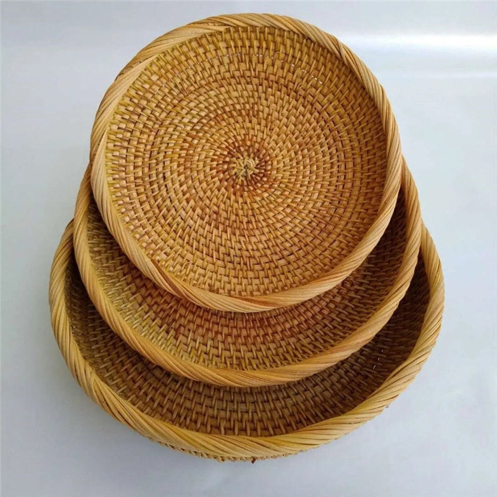 Handwoven Rattan Storage Basket Set of 3 Round Wicker Serving Trays for Kitchen and Countertop