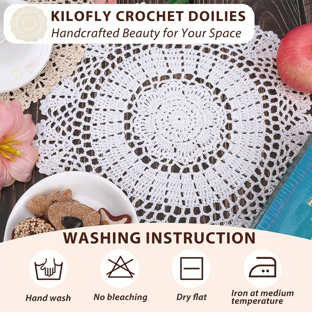 Round Crochet Lace Doily with Handmade Cotton Design for Table Settings, Mantel Décor and Wedding Displays