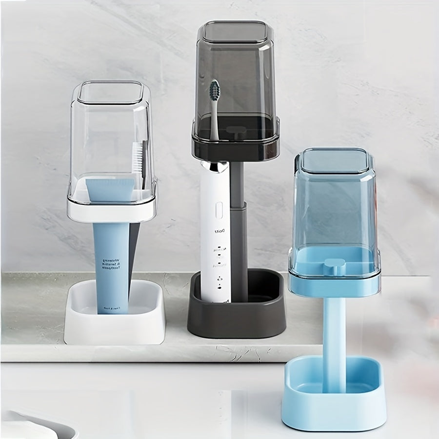 Toothbrush Holder with Mouthwash Cup and Dustproof Cover for Bathroom Counter Organization