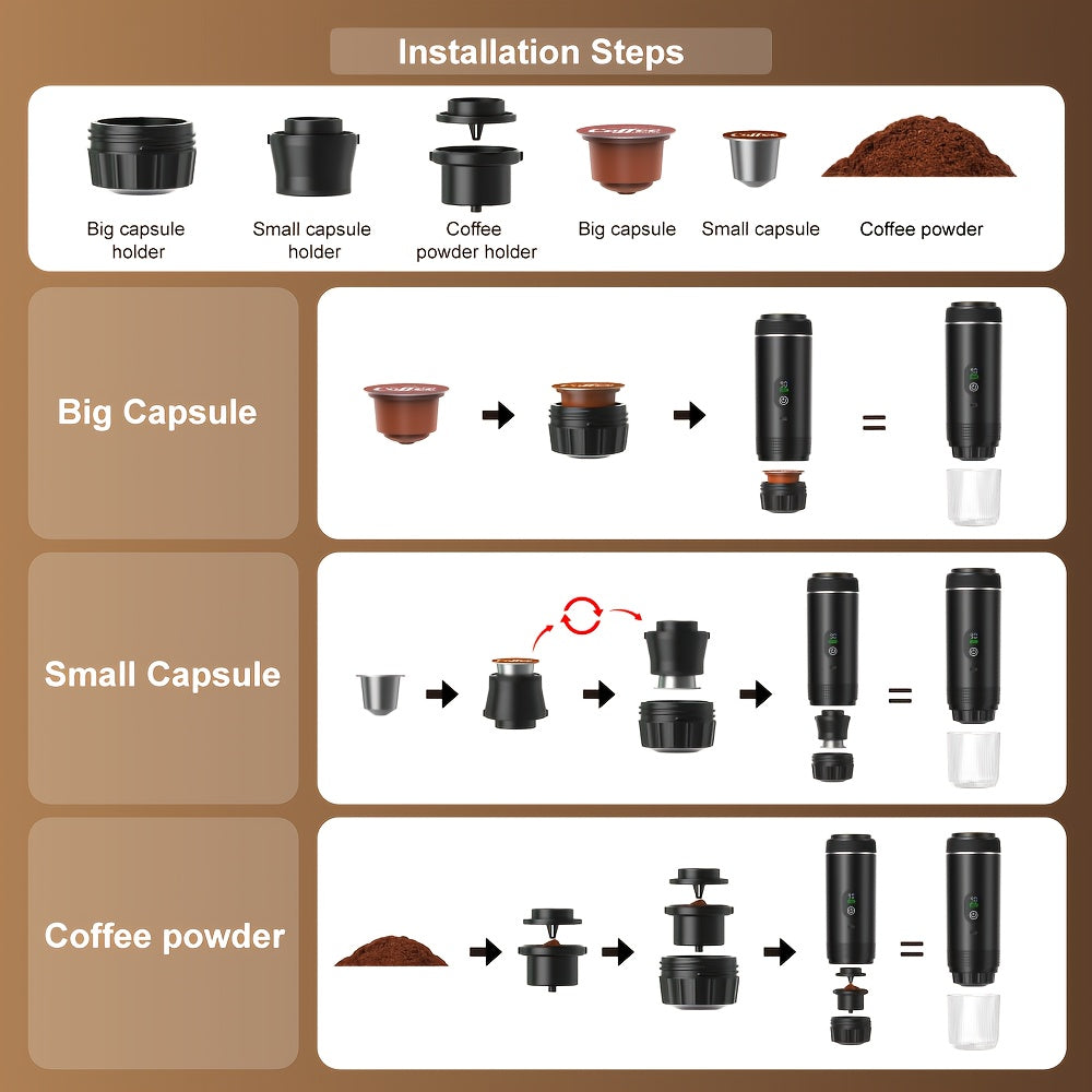 Portable Espresso Coffee Machine with Digital Display and 3 in 1 Capsule Design for Travel and Camping Use