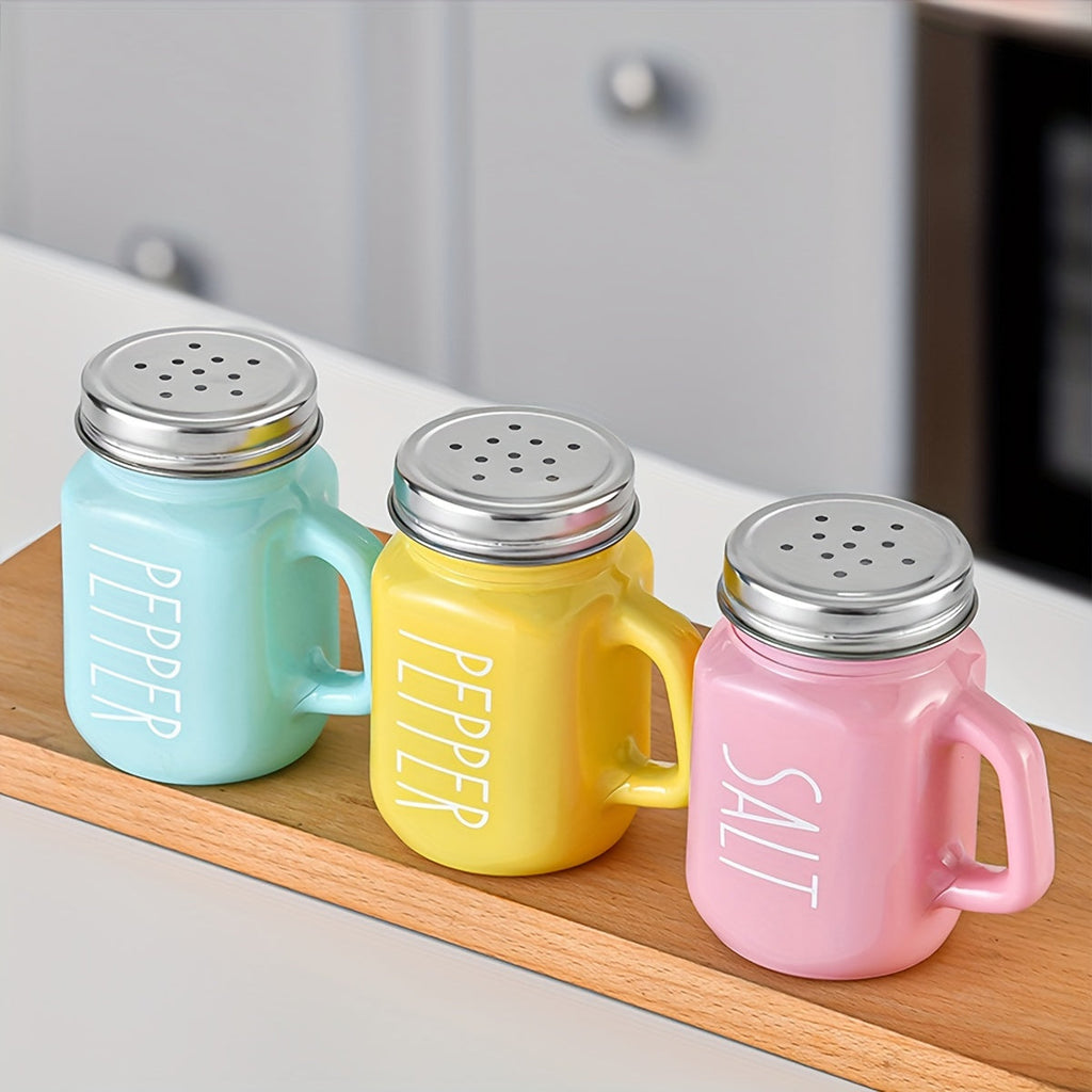 Handled Glass Shaker Set with Stainless Steel Lids for Salt Pepper and Home Table Seasoning